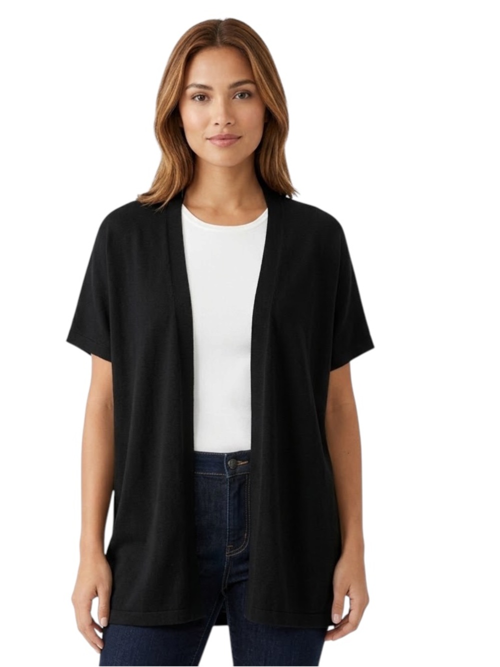 Chico’s Black Short Sleeve Open Front Cardigan Sweater